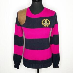 Ralph Lauren Sport navy pink striped leather patch sweater size Medium